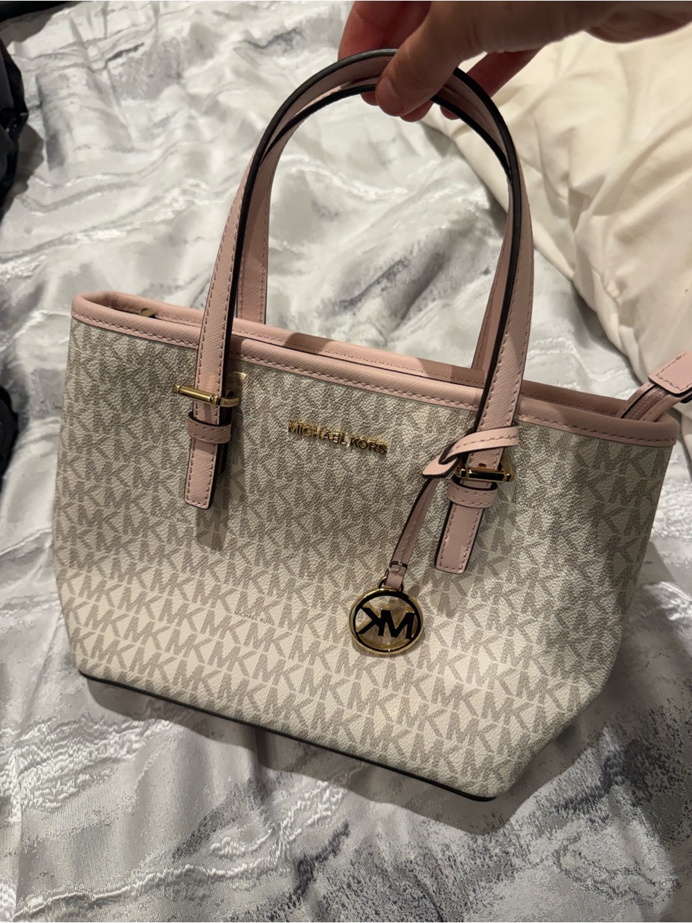 Michael Kors Beige MK Logo Tote with Blush Pink Trim